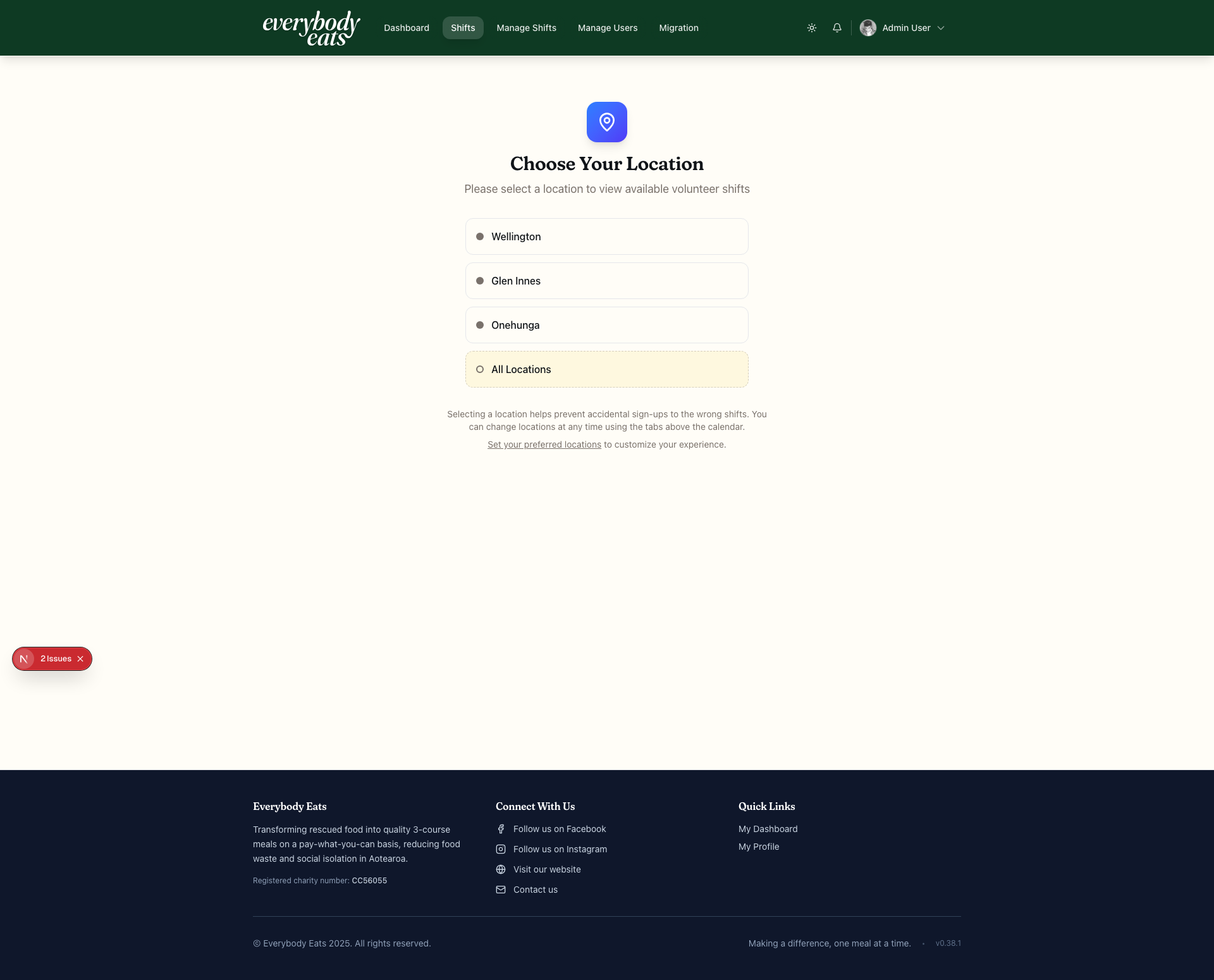 Volunteer Shifts Browse Interface